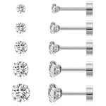 HASTHIP® Pendientes de botón para mujer,5 pares de pendientes cartílago plano circonita cúbica,acero inoxidable 316L hipoalergénico y sin níquel tamaños 3/4/5/6/8 mm color plateado