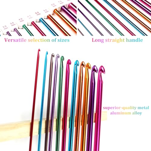 HASTHIP® 11PCS Long Crochet Hook Set, 2.0-8mm Aluminum Knitting Needles Set Crochet Hooks, Beginners Metal Multicolour Knitting Tools Set Knitting & Crochet Supplies for Beginners