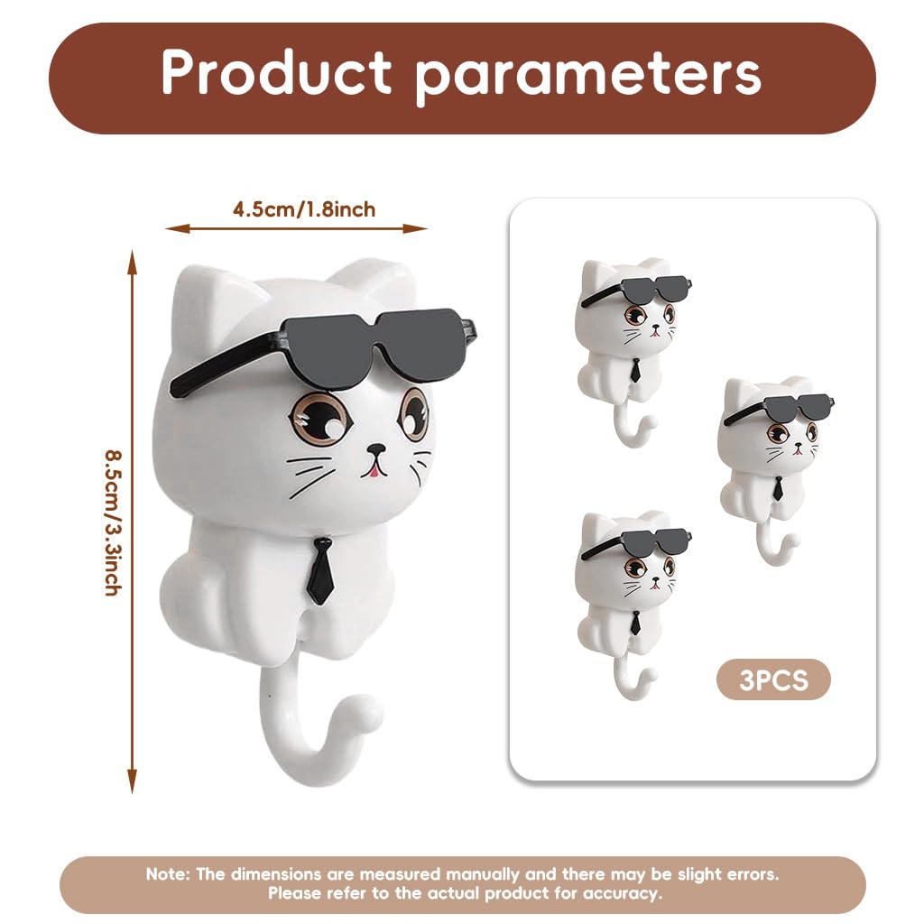 HASTHIP Cat Wall Hooks for Kitchen and Bathroom with Curved Tail Design | 3Pcs White PVC Set