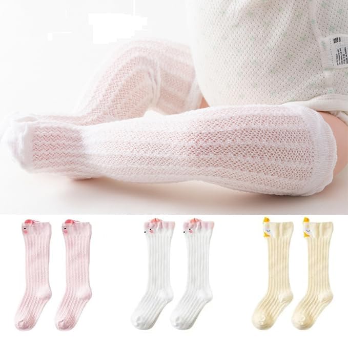 HASTHIP® 3 Pares Medias Altas de Malla Transpirable para Bebé Niña,Calcetines de Verano Algodón y Poliéster Suave con Diseño Dibujos Animados,Regalo Ideal para Niñas 1-3 Años Talla M