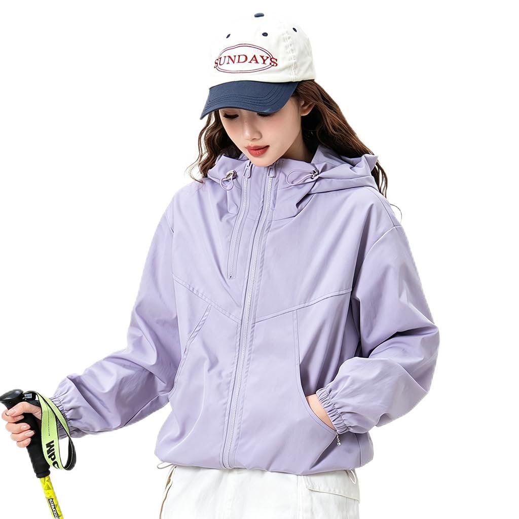HASTHIP® Chaqueta Impermeable Ligera para Mujer con Capucha, Rompevientos Casual con Protección Solar y Bolsillos para Exteriores - Mauve - L