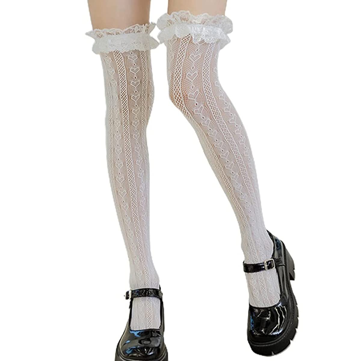 HASTHIP® Medias Altas de Encaje Lolita para Niñas y Adolescentes, Calcetines de red sobre la rodilla, Estilo Japonés Hollow Out, Largos Sueltos para Zapatos Mary Jane, Vestido Lolita o