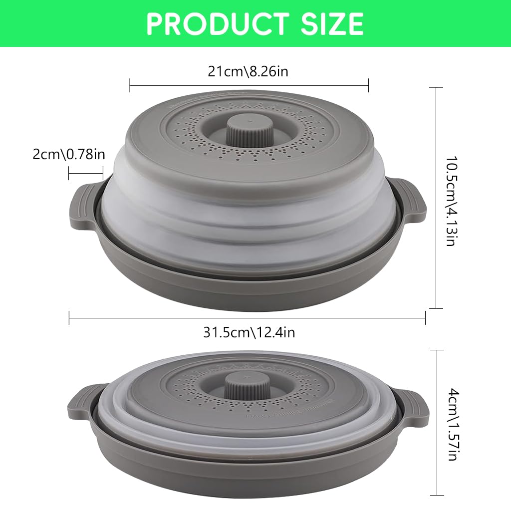 HASTHIP® 10.6 inch Microwave Plate Cover, Collapsible Food Plate Lid with Top Steam Vent and Gripper, Strainer for Fruit, Microwave Lid Food Splatter Cover, BPA Free, Microwave Safe Material (Grey)