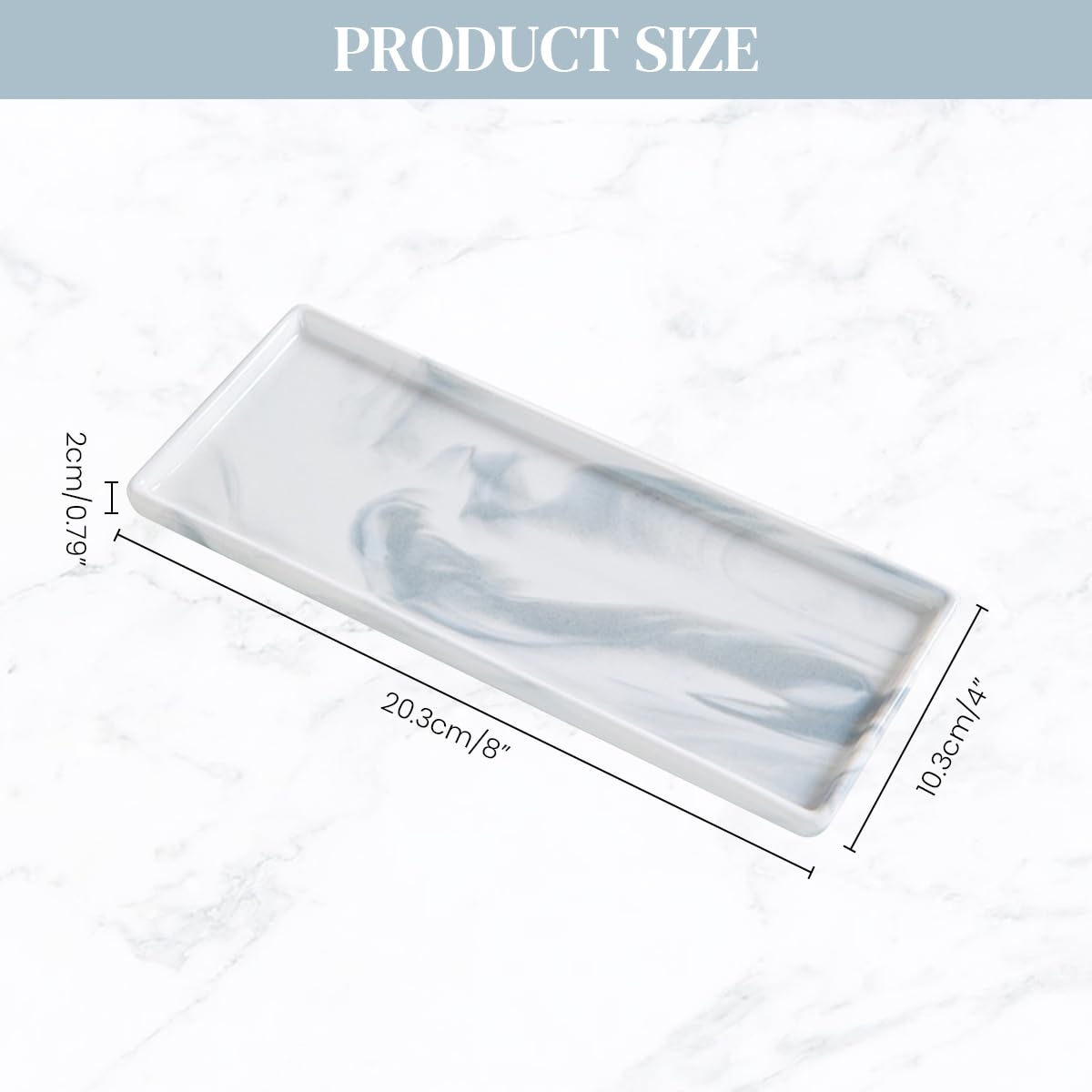 HASTHIP Rectangular Ceramic Vanity Tray for Jewelry and Makeup with Raised Edges | 23.5x9.3cm Marble Organizer