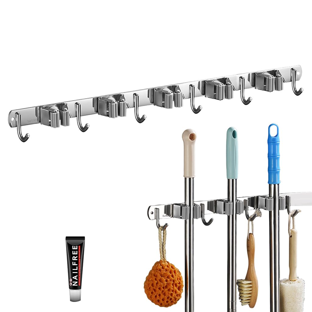 HASTHIP Broom Holder Rack with 5 Racks and 6 Hooks for Wall featuring Roller Clips | Stainless Steel Self Adhesive Mount for Kitchen Bathroom Garage