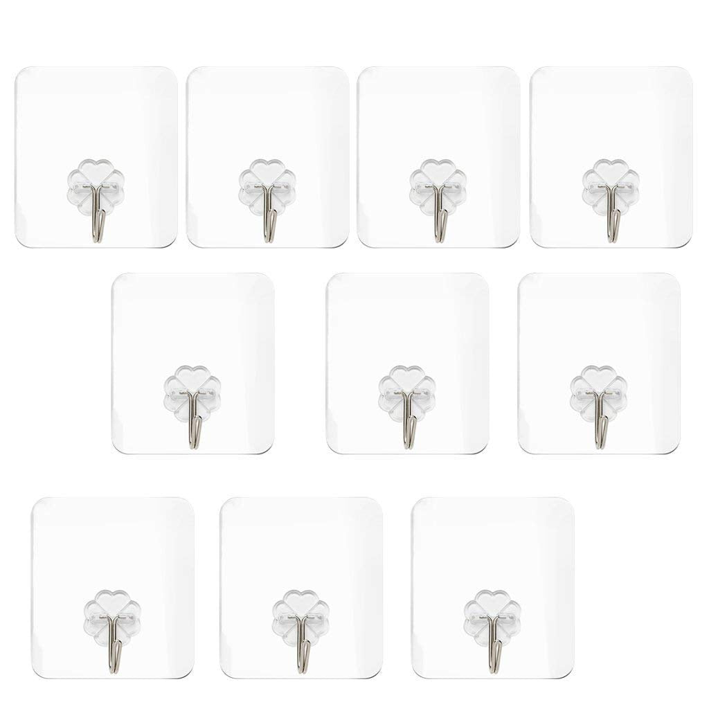 Waterproof Stick on Adhesive Stronger Plastic Wall Hooks Hangers for Hanging Robe, Coat, Towel, Keys, Bags, Lights, Calendars, Max Load 15 kg - Pack of 10, Transparent