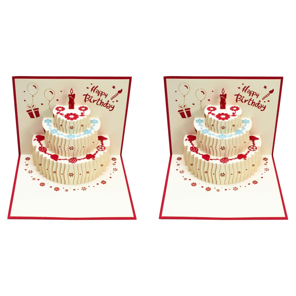 HASTHIP Greeting Card for Birthday with Pop Up 3D Cake and Envelope Red 2PCS | Surprise Gift