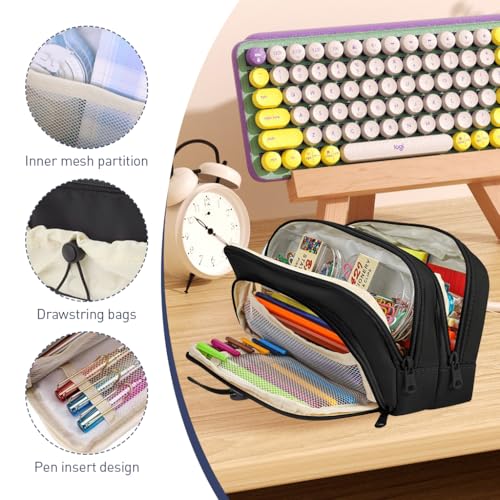 HASTHIP® Pencil Case for Students, 3-Layer Zipper Pouch Large Capacity Stationery Organizer, Soft Fabric Multi-Compartment Bag for School Boys and Girls, 21x13x10cm