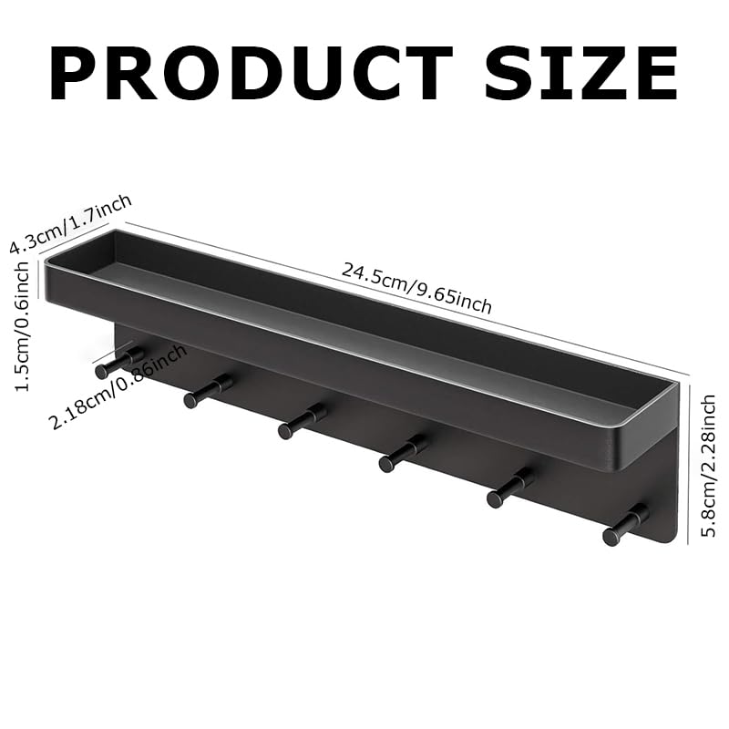 HASTHIP Wall Hook Rack for Entry and Kitchen with 6 Hooks and 9.65×2.28×1.7 in Shelf | Matt Black Stainless Steel