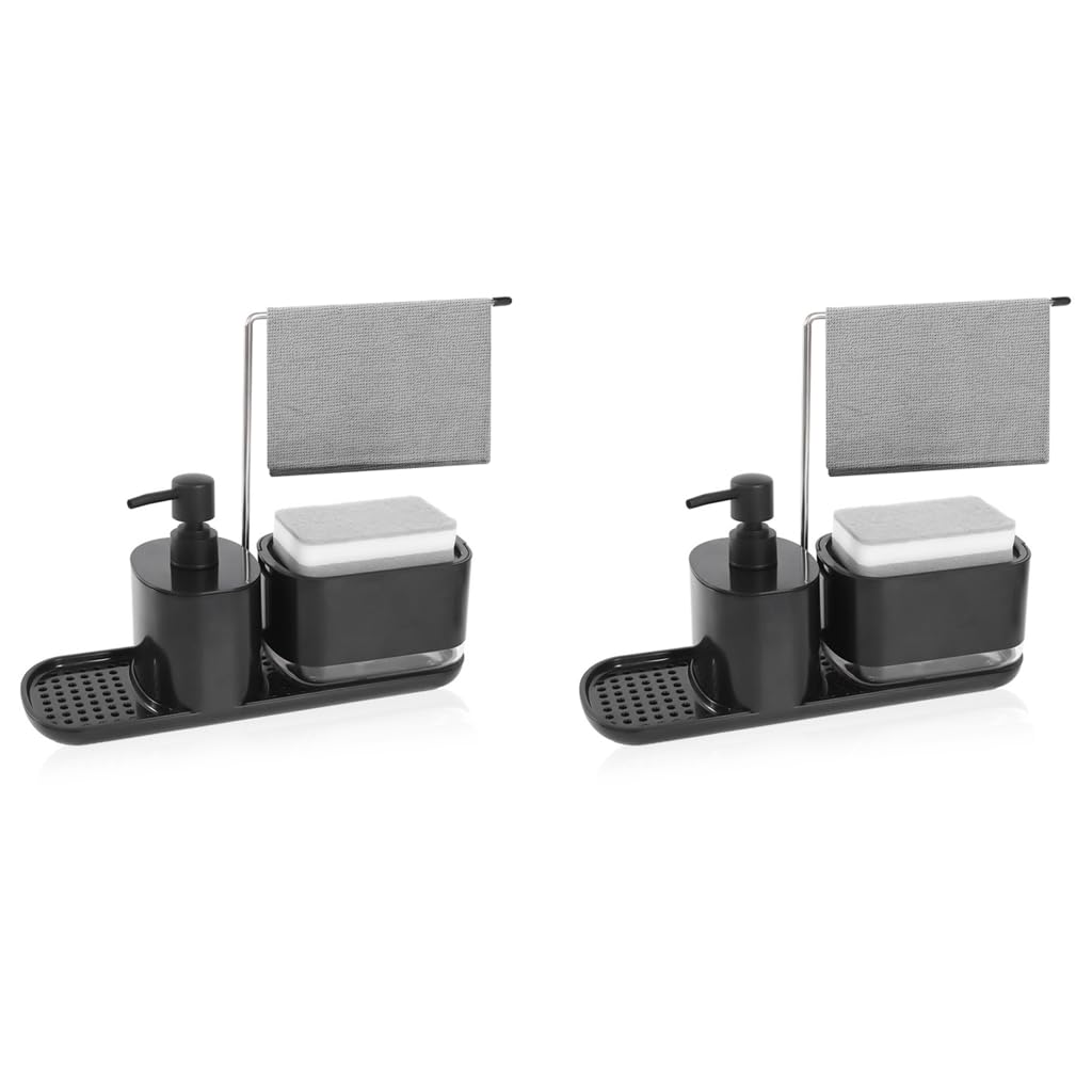 HASTHIP Metal Kitchen Soap Dispenser Set for Sink Countertop with Sponge Rack Tray | 2 PCS Black