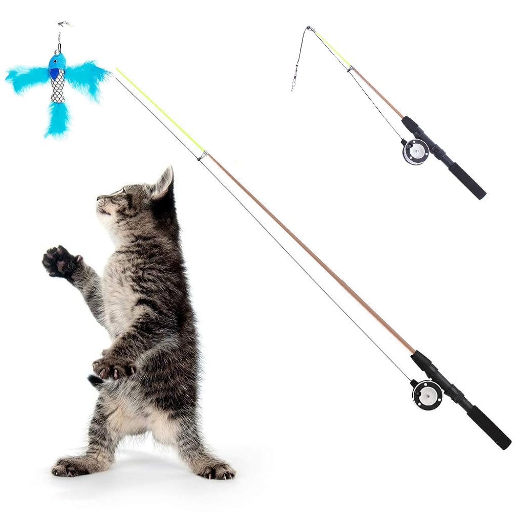 HASTHIP® Qpets Varita para Gatos Retráctil con Pez de Peluche con Plumas, Juguete Interactivo para Gatos en Interiores y Ejercicio con Diseño de Caña de Pescar