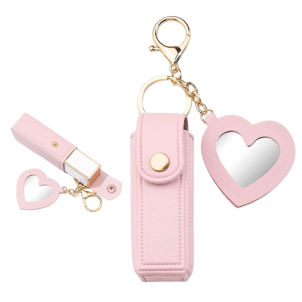 HASTHIP® Porta Labiales Llavero de Cuero PU con Espejo en Forma de Corazón,Estuche Portátil para Bálsamo Labial y Chapstick,Organizador Maquillaje Viaje para Mujeres y Niñas (Rosa)