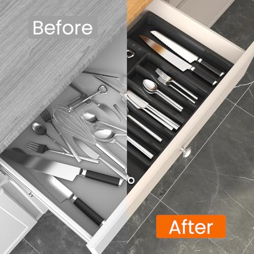 HASTHIP® Brick Brown Adjustable Silverware Drawer Organizer, Expandable Utensil Tray for Kitchen