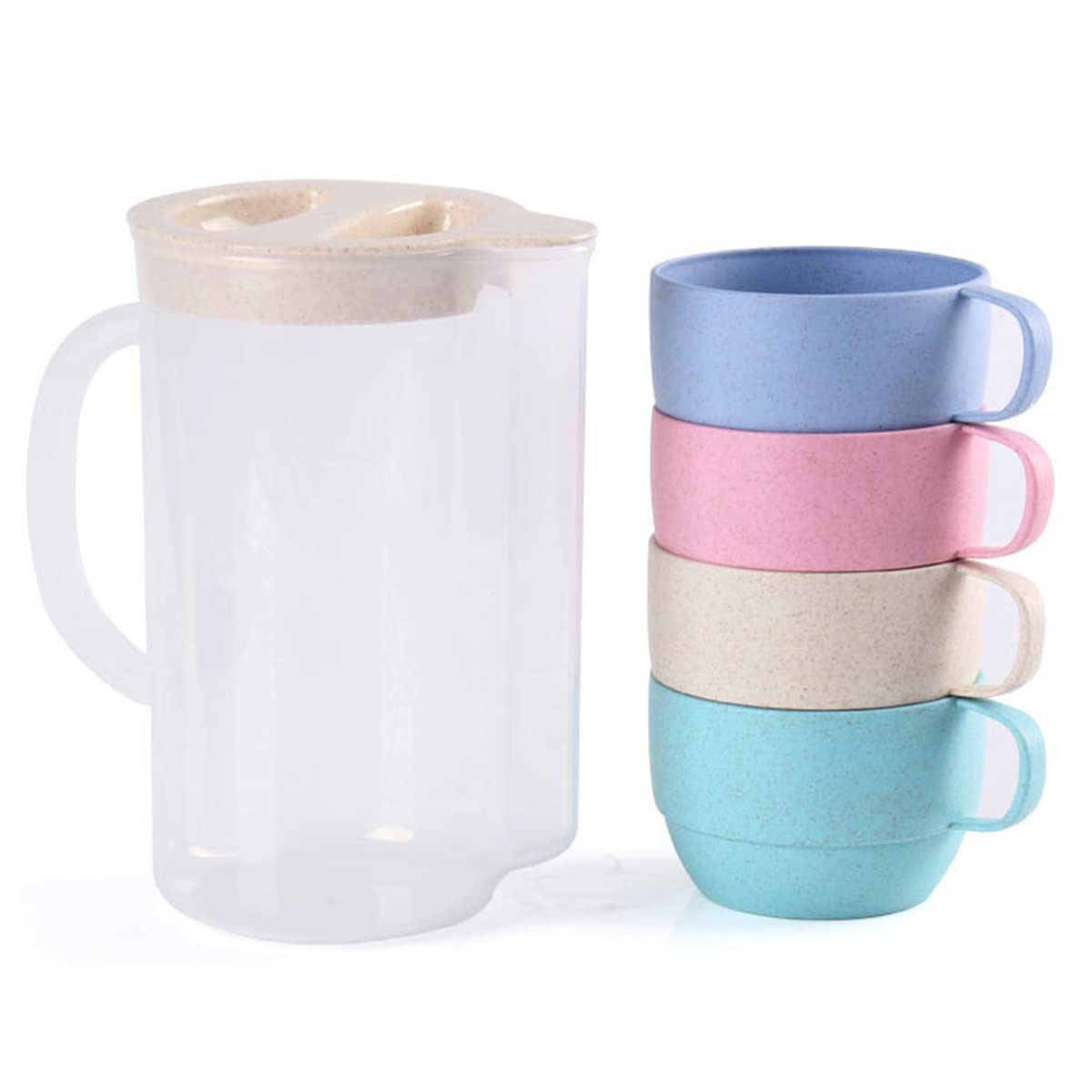 4 Pcs Unbreakable Wheat Straw Plastic Mugs with 2L Cold Water Kettle, 4 Multicolor Cups for Kids Children Toddler Adult, Dishwasher Coffee Mug for Water, Tea, Milks, Juice