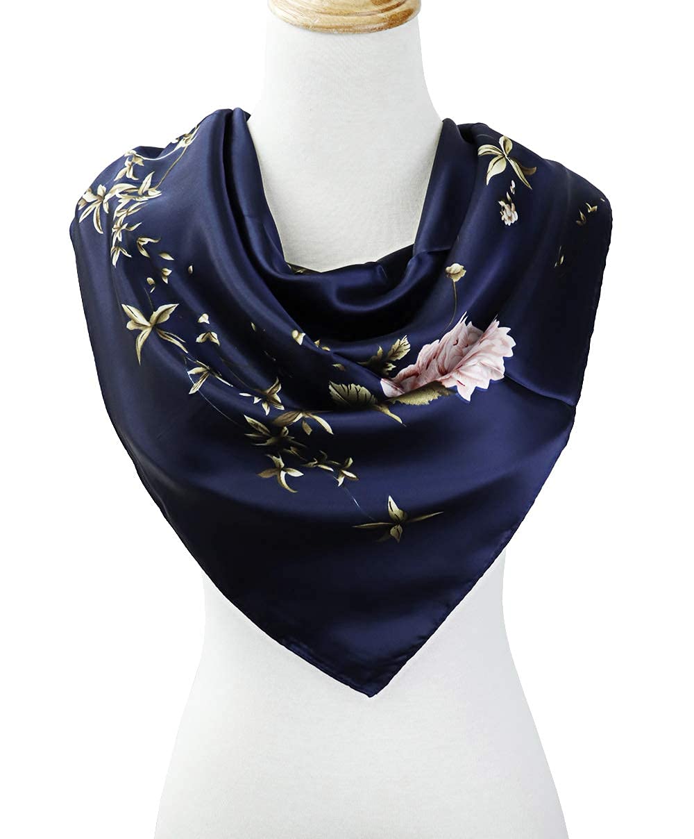 HASTHIP® 2 Pcs 35" Square Scarf for Women, Stylish Satin Silk Scarf, Soft Lightweight Neck Scarf for Office, Travel & Parties, Valentine Gift for Wife, Elegant Floral Prints in Navy Blue & Green