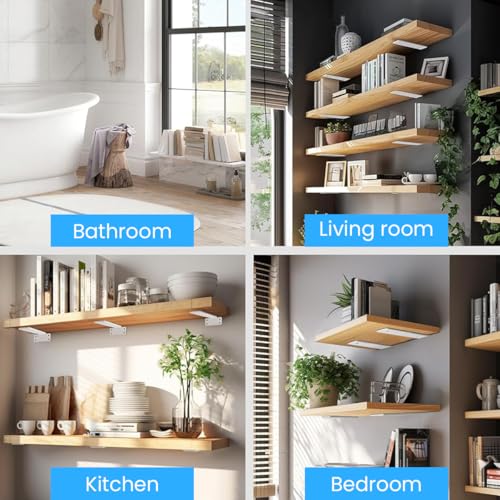 HASTHIP® 2Pcs Floating Shelf Brackets 6'' T-Shape Carboon Steel Rack for Hanging Shelf, Floating Shelf Support Brackets, Screw-Fixed Metal Rack Wall-Mounted Shelf Hardware, White