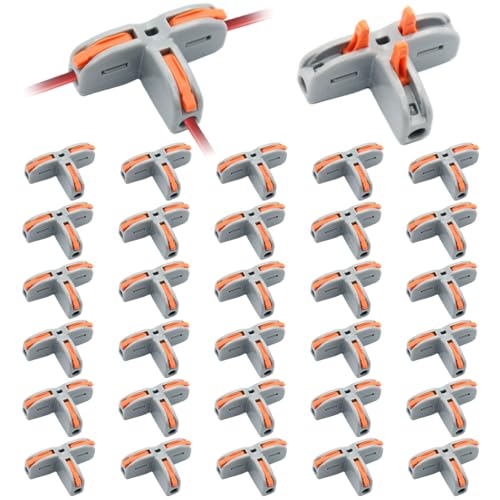 HASTHIP® 30Pcs Wire Connectors T-Shape 3 Way Wire Conductor Quick Cable Splitter Electrical Connectors Push-in Terminal Block Wire Connectors Universal Wire Connector for AWG 28-12 Cable