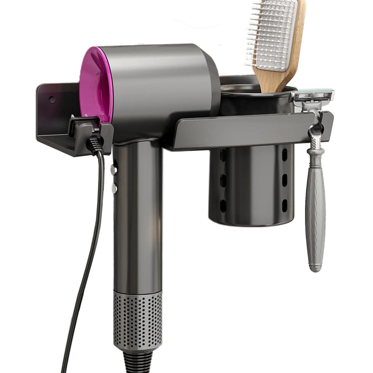 HASTHIP Hair Dryer Stand for Bathroom and Salon with 3 in 1 Organizer Carbon Steel | Space Saving Wall Mounted Holder