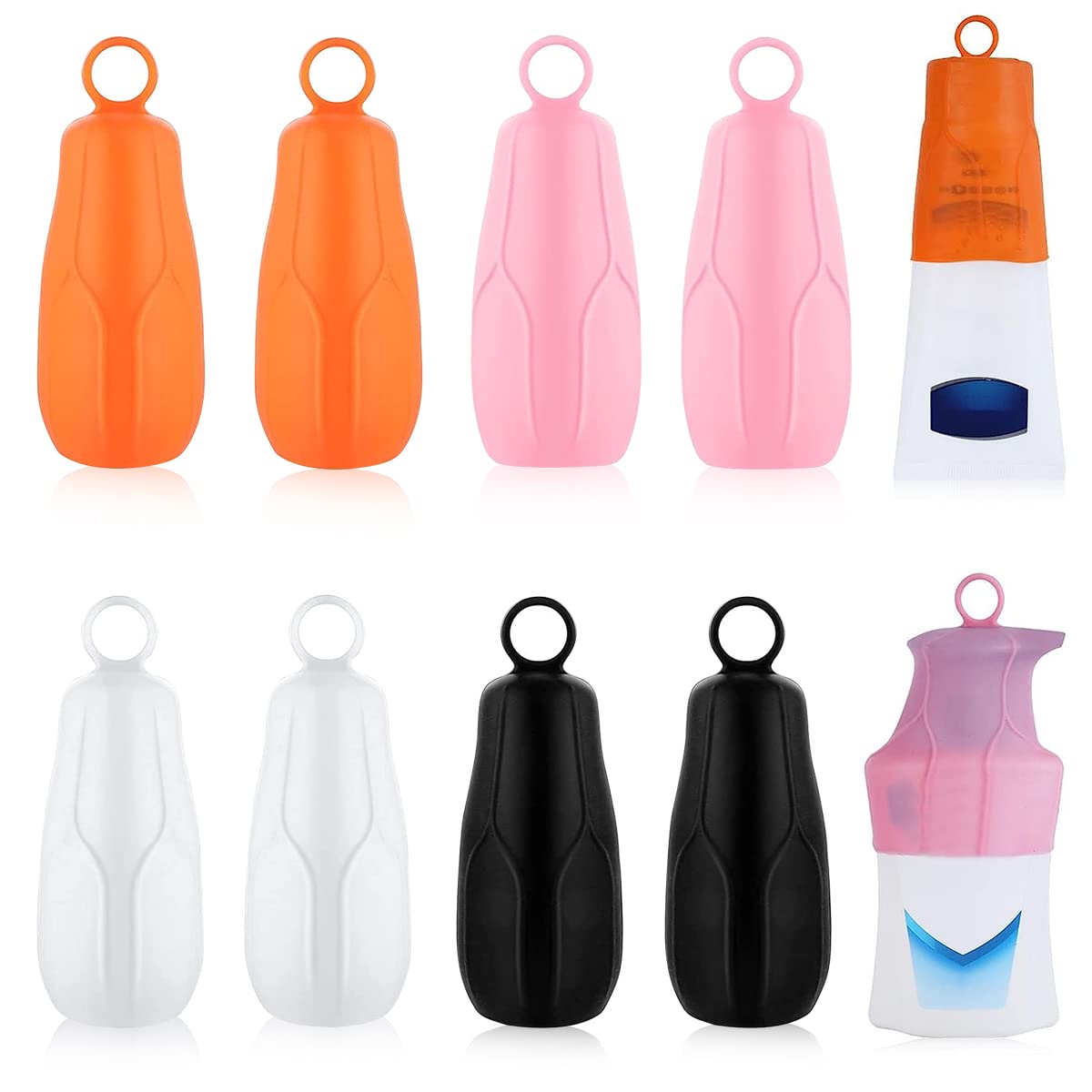 HASTHIP® 8 Piezas Fundas Elásticas de Silicona para Botellas de Viaje Antifugas,Protectores Portátiles Reutilizables con Asa,Accesorios Viaje Seguros sin BPA y Ajuste Universal para