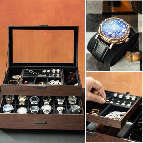HASTHIP® Watch Box Organizer for Men, 12 Slot Large Capacity Wooden Watch Display Case with Pull-Out Drawer, Double Layer, Clear Glass Lid, Jewelry Storage Case for Earrings, Necklaces, Watches