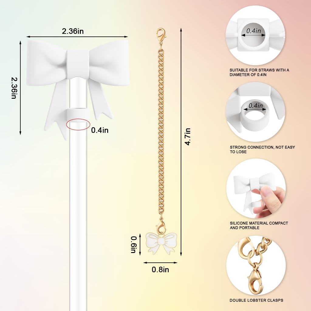 HASTHIP Stanley Cup Accessories with Bow Straw Covers & Chain Charms for 30&40 Oz Tumbler | Food‑Grade Silicone Set