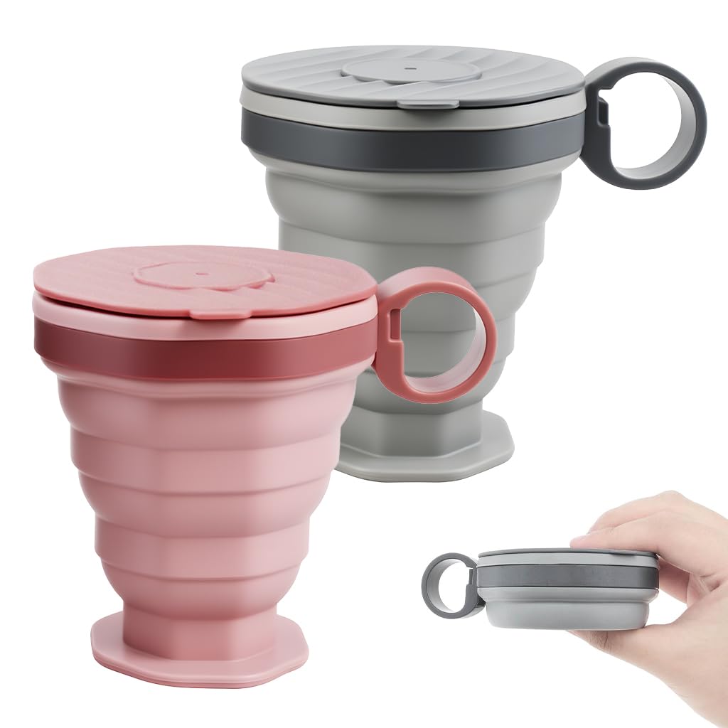 HASTHIP Collapsible Cup for Travel and Camping 220ml with Lids and Handles | Food Grade Silicone