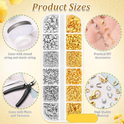 HASTHIP® 1200Pcs Jewelry Making Kit,Includes Gold & Silver Crimp Beads,Bracelet Clasps Crimp Covers Tubes Jump Rings Pliers Tweezers & Beading Wire for DIY Necklace and Bracelet Crafts