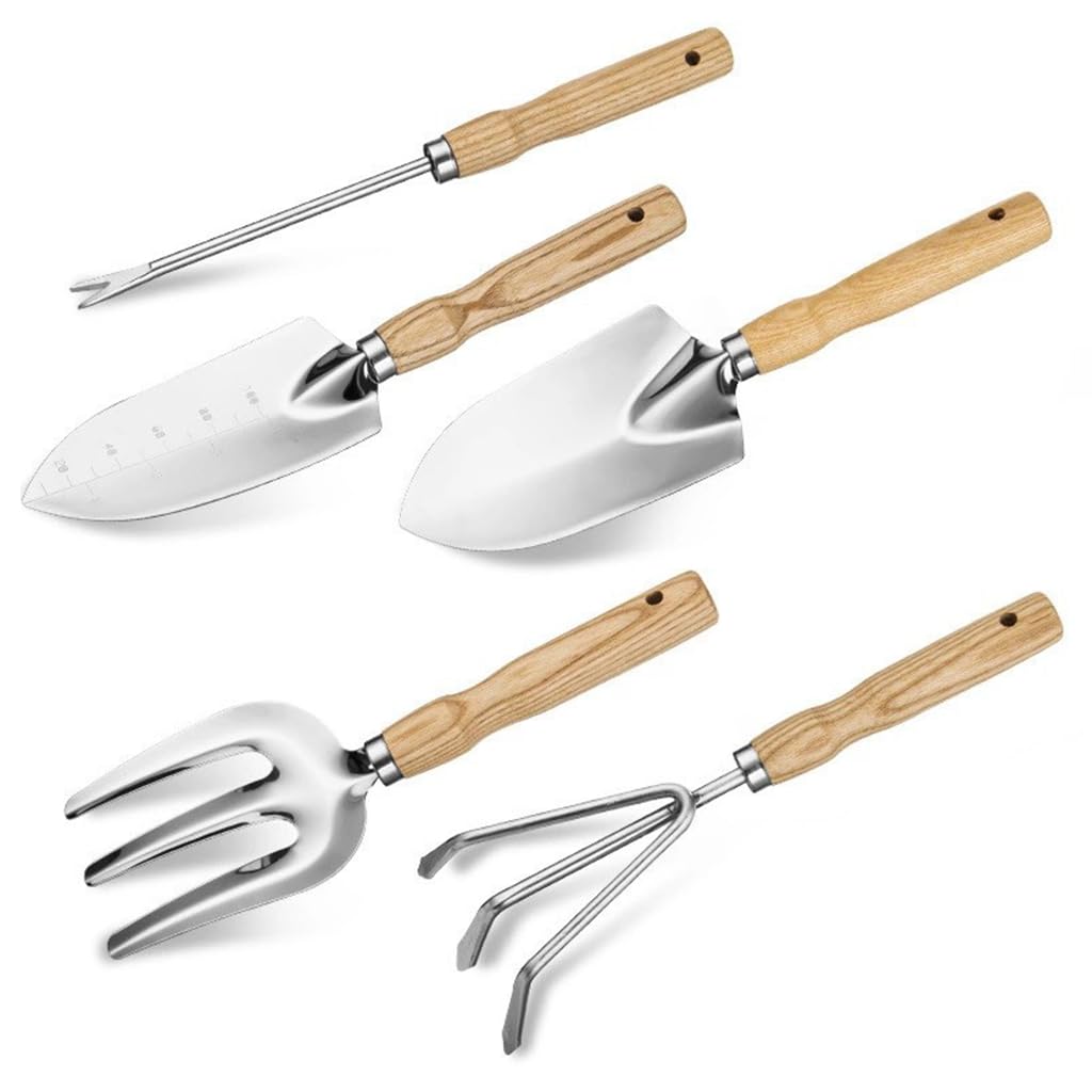 HASTHIP Gardening Tools Set for Planting and Weeding with Wooden Handles | 5Pcs Stainless Steel featuring Laser Etched Scale