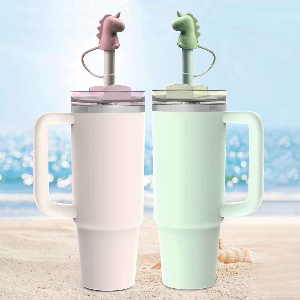 HASTHIP Silicone Straws for Water Bottles featuring 12 in Length and Cartoon Dino Cap | Kids Reusable BPA Free Set with Cleaning Brush