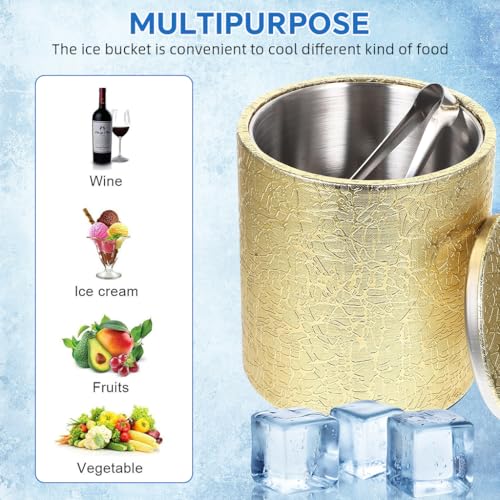 HASTHIP® Luxury Double Wall Stainless Steel Ice Bucket with Filter and Lid,Insulated Gold Whiskey Ice Container,PU Leather Covered Small Bar Holder for Home Party Club