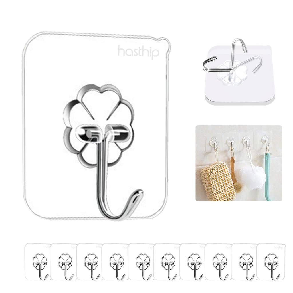 HASTHIP Adhesive Wall Hooks 20 Pack for Bathroom and Kitchen with 22 lb Capacity | Transparent Waterproof Removable Design