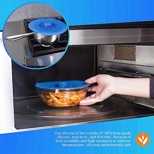 HASTHIP® 10Pcs Silicone Lids for Bowls 5 Sizes Reusable Microwave Safe, Food Grade Silicone Lid Cover Durable Heat Resistant Silicon Lids for Bowls, Pots, Pans, Dishes, Cans - Blue