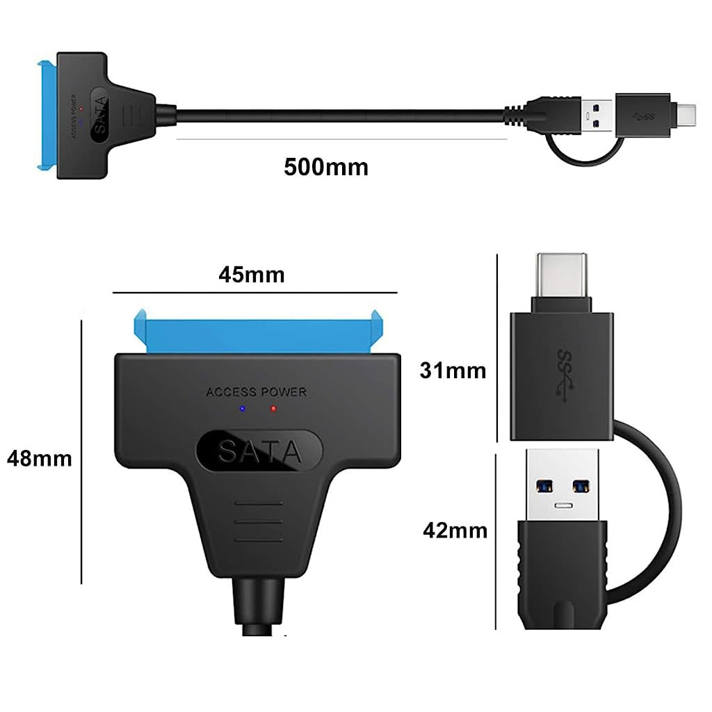 HASTHIP® USB 3.0 & USB-C to SATA III Adapter Cable for 2.5" SSD/HDD, UASP Support, Dual LED Indicators, Plug & Play External Hard Drive Converter for Data Transfer & Backup