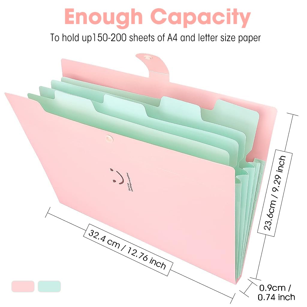 HASTHIP Accordion File Folder for Documents with 5 Compartments and Snap Closure | A4 Plastic Folders for School and Office