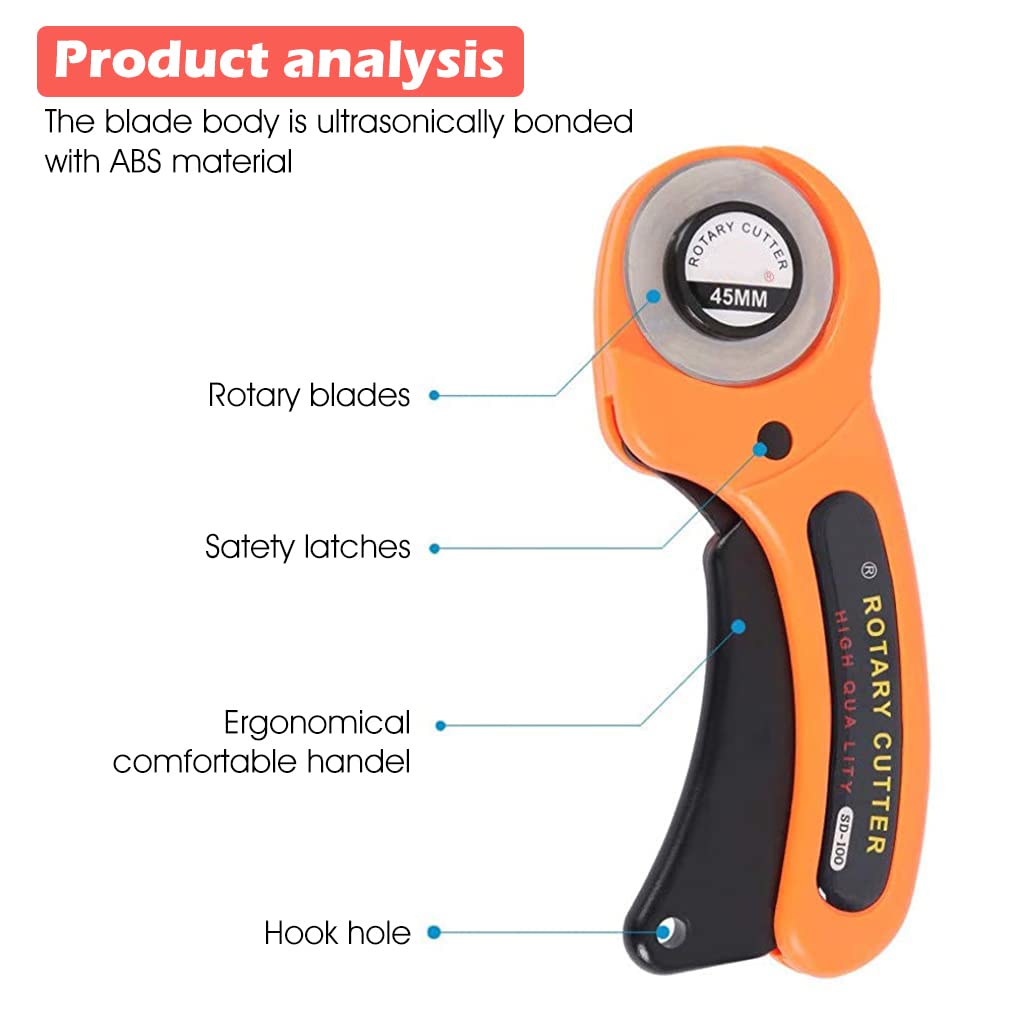 HASTHIP Roller Cutter for Fabric with 10pcs 45mm Alloy Steel Blades and Safety Lock | Ergonomic Handle for Sewing and Leather Craft