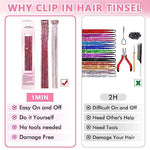 HASTHIP® 6 extensiones de cabello con purpurina y clip, color rosa, 52 cm, brillantes, para festivales
