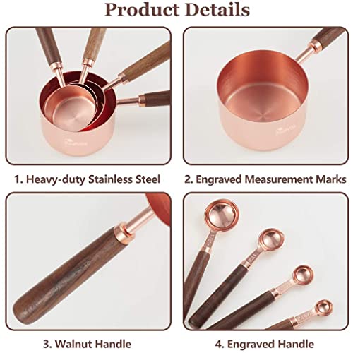 HASTHIP® 8Pcs Measuring Cups and Spoons Set, Stainless Steel Measuring Cup with Wood Handle, Rose Gold Polished Finish, 60ml/80ml/125ml/250ml/1.25ml/2.5ml/5ml/15ml, for Cooking and Baking