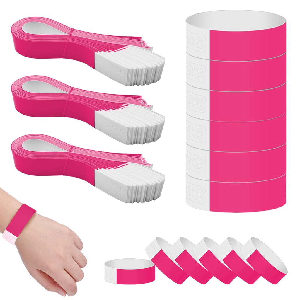 HASTHIP Paper Wristbands for Events with Self Adhesive Closure 300 Pack Rose Red | 25cm Adjustable Bands