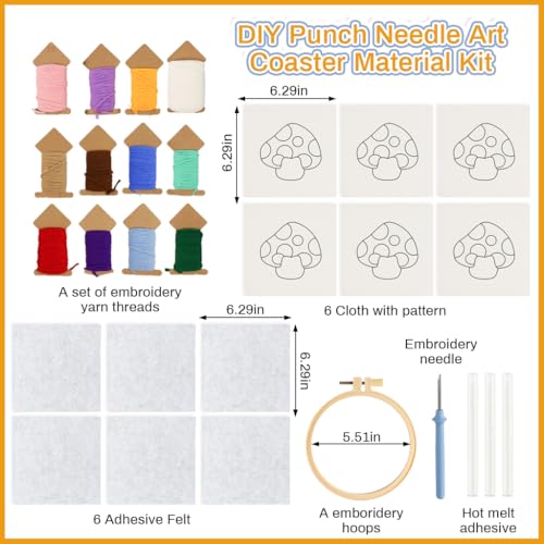 HASTHIP® PATPAT 6PCS Punch Needle Coaster Kit, DIY Embroidery Set for Adults & Kids, Colorful Mushroom Design, Includes Yarn, Needle, Embroidery Hoop & Tools, Handmade Art & Craft Gift