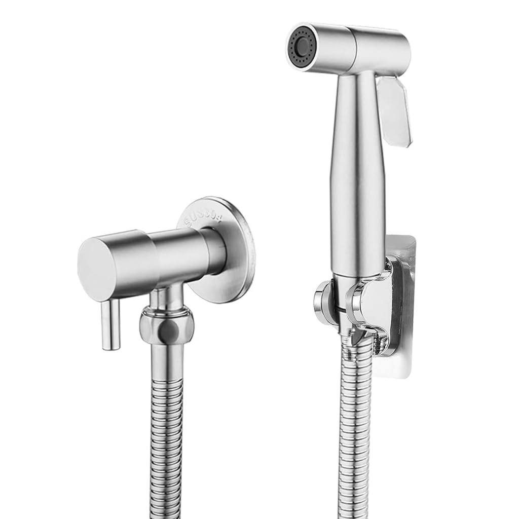 HASTHIP Health Faucet Toilet Spray Gun with 1.15 m Flexible Pipe and Angle Valve | Stainless Steel Pressurized Handheld Sprayer with No Drill Adhesive Bracket