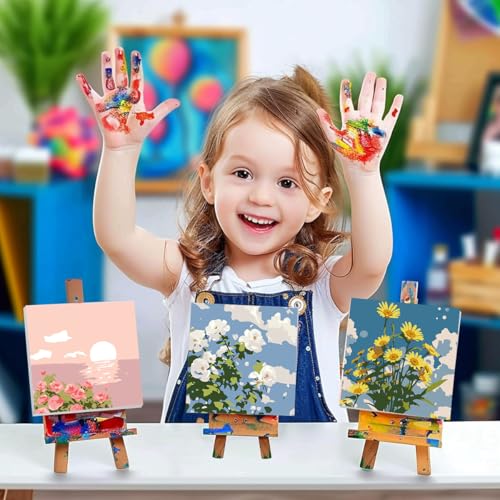 HASTHIP® Pack of 4 DIY Oil Painting Paint by Numbers with Frame Sunflower Rose Oil Art Painting Wall Hanging DIY Canvas Painting with Painting Tool Kit Wall Decoration, 7.8x7.8inch