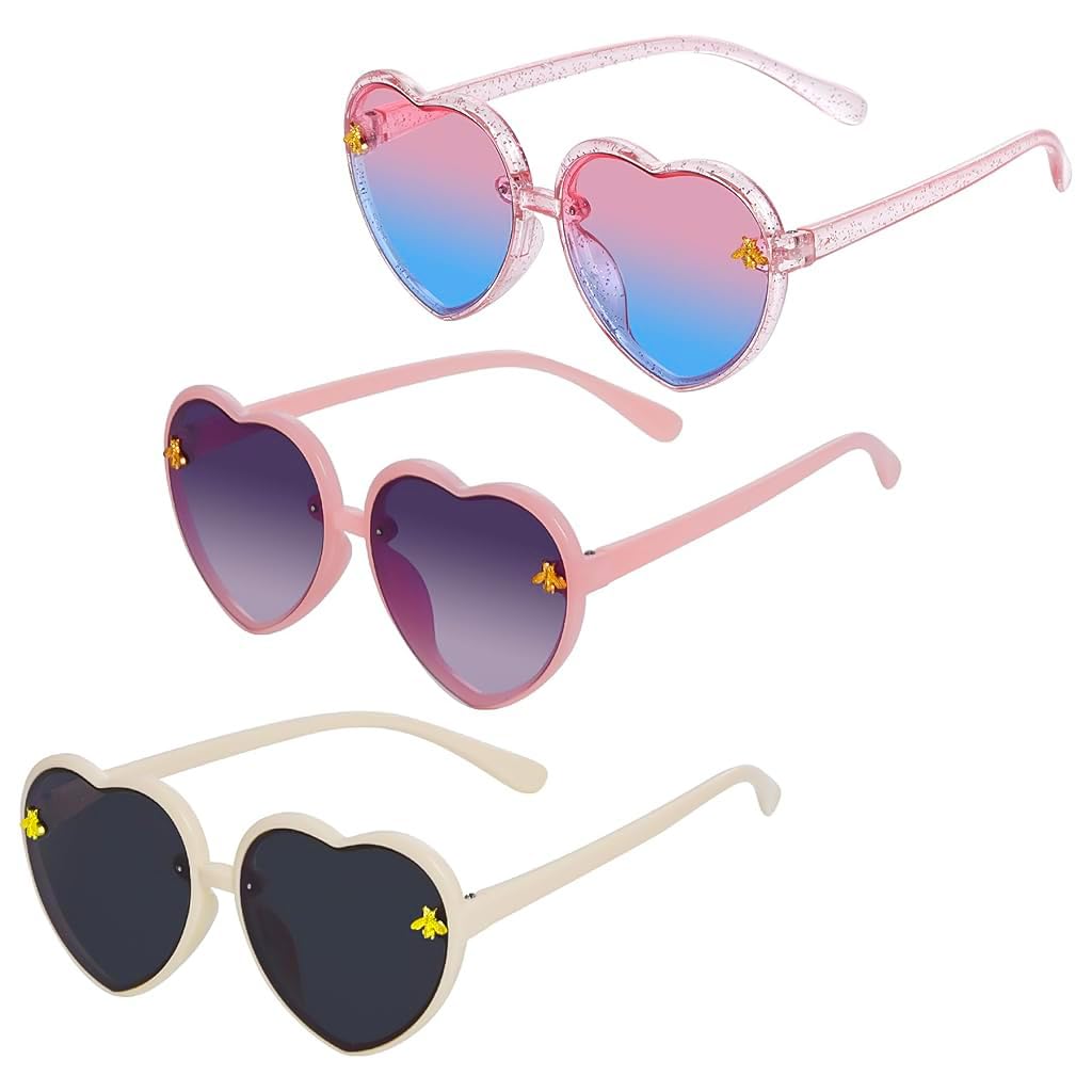 HASTHIP Kids Sunglasses for Girls 3Pcs with Heart Frames and UV380 Protection | Beach Wear