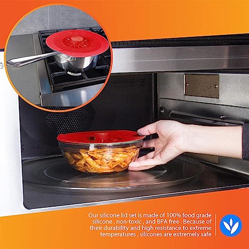 HASTHIP® 10Pcs Silicone Lids for Bowls 5 Sizes Reusable Microwave Safe, Food Grade Silicone Lid Cover Durable Heat Resistant Silicon Lids for Bowls, Pots, Pans, Dishes, Cans - Red & Blue