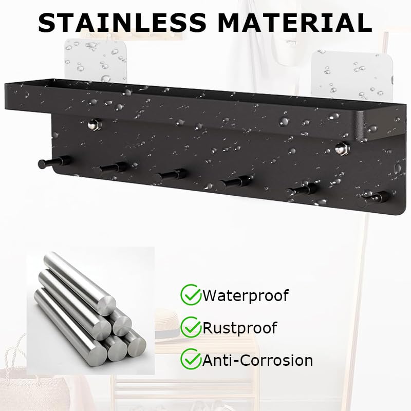 HASTHIP Wall Hook Rack for Entry and Kitchen with 6 Hooks and 9.65×2.28×1.7 in Shelf | Matt Black Stainless Steel