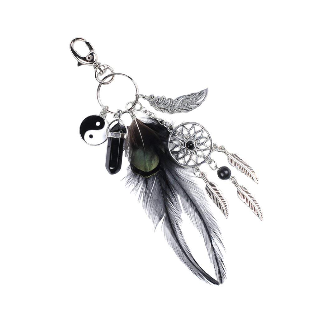 HASTHIP Dreamcatcher Keyring with Black Agate and Feather Charm in Black and Silver | Imported from Hong Kong