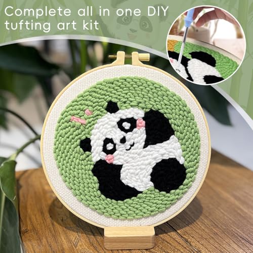 HASTHIP® DIY Tufting Art Craft Kit 20x20CM Punch Needle Embroidery Kit for Beginners, Cute Panda Design, Complete DIY Hoop Set with Needles, Thread & Instructions, Ideal Gift for Kids & Adults