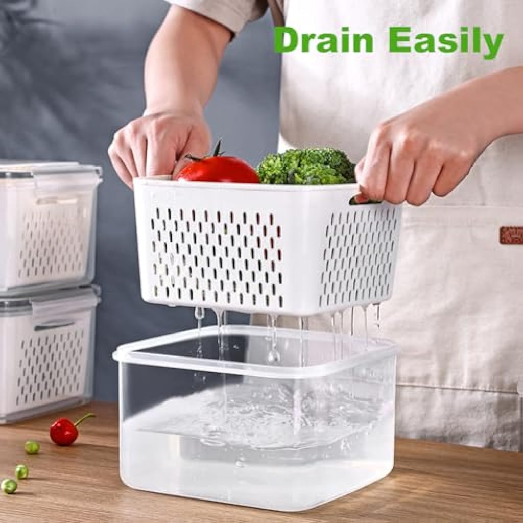 HASTHIP® 5PCS Kitchen Storage Box for Kitchen Used Fridge Storage Containers Set with Lid Airtight Container Boxes for Storage & Container Double Layer Fridge Organiser Storage Boxes with Drain Basket