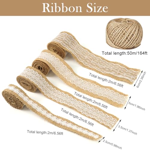 HASTHIP® Set of 20Pcs DIY Jute Burlap Ribbon Roll, Jute Rope for Craft includes 4 Rolls 2m Lace Fabric Ribbons for Gift Wrapping, 50m Hemp Thread, 4Pcs Bows for Decoration, 11Pcs Ribbon Flowers Decor