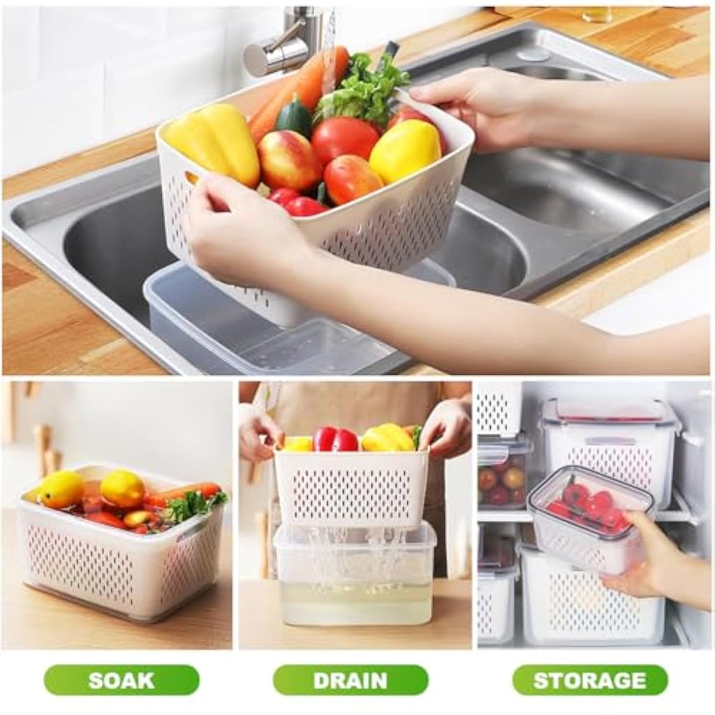 HASTHIP® 5PCS Kitchen Storage Box for Kitchen Used Fridge Storage Containers Set with Lid Airtight Container Boxes for Storage & Container Double Layer Fridge Organiser Storage Boxes with Drain Basket