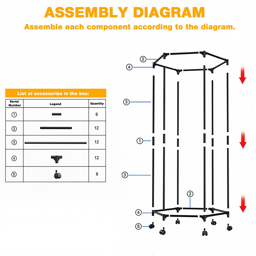HASTHIP Cloth Hanger Rack for Laundry Room featuring Hexagon Design with 360° Wheels | Stainless Steel 35x74.5x120cm